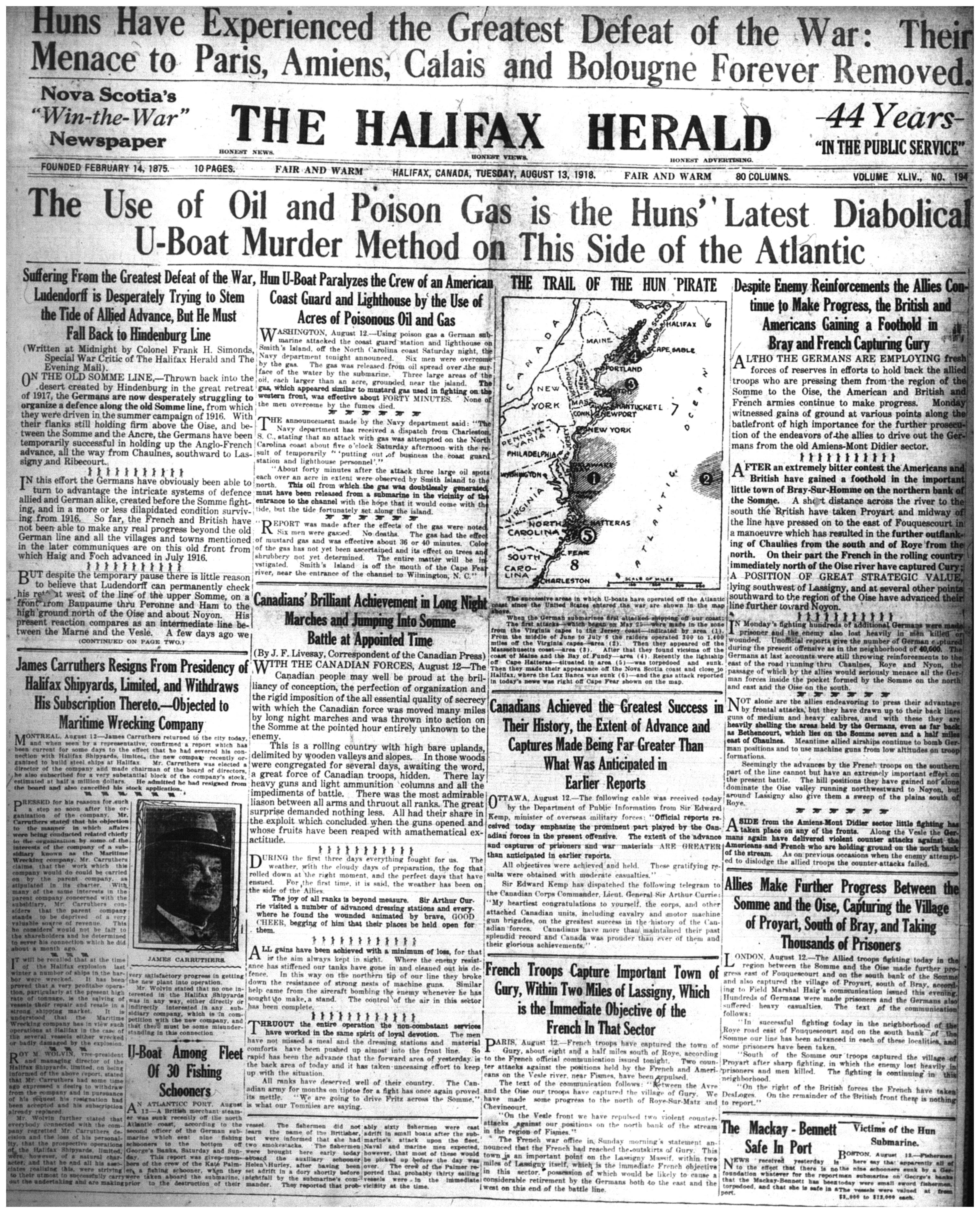 Une d’un journal anglophone de Halifax, The Halifax Herald – Une petite carte indique le trajet de sous-marins allemands le long des côtes Est des États-Unis et du Canada. Les manchettes pertinentes ont été transcrites.